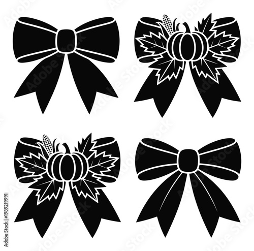 Four Black Silhouette Bows, Two with Autumnal Decorations