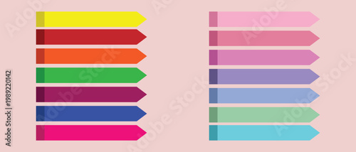 Set of 14 vector paper bookmarks of different color. Set of vector paper stickers on pink background.  Collection of red, orange, yellow, green, blue and purple sticky notes.