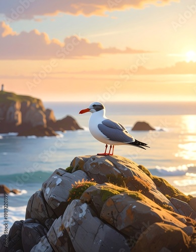 A serene seagull on rocky coastline at sunset