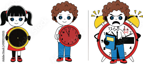 Children with clocks concept punctuality and time management cute cartoon kids holding alarm clocks vector illustration set