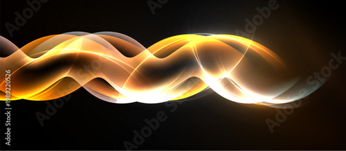 Abstract waves, vibrant orange hues, flowing lines. Light reflects, creating dynamic visual effect. Dark background emphasizes luminosity.