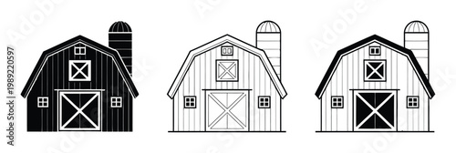 Three Barn Silo Black Silhouette, Outline, and Filled Outline