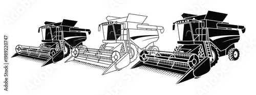 Three Combine Harvesters in Black and White Silhouette