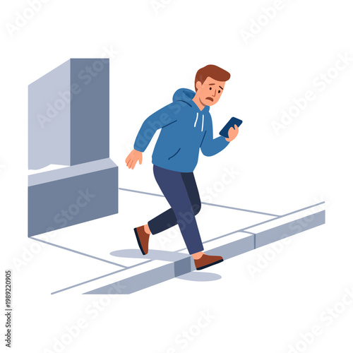 Man in blue hoodie runs down stairs while looking at smartphone