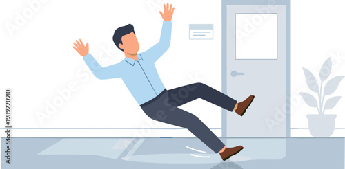 Man slipping on floor near office door in building interior