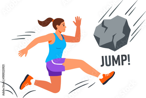 Woman runs and jumps over large rock outdoors in daytime