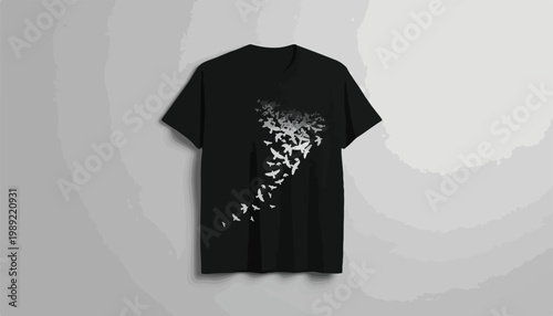 Black t-shirt mockup with flying birds graphic, cotton apparel template with bird silhouette design, realistic clothing display for streetwear