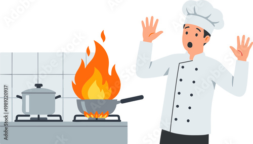 A chef is shocked by a burning pan on the kitchen stove.