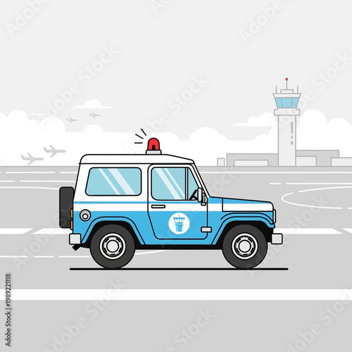 Airport security vehicle on tarmac with control tower and planes