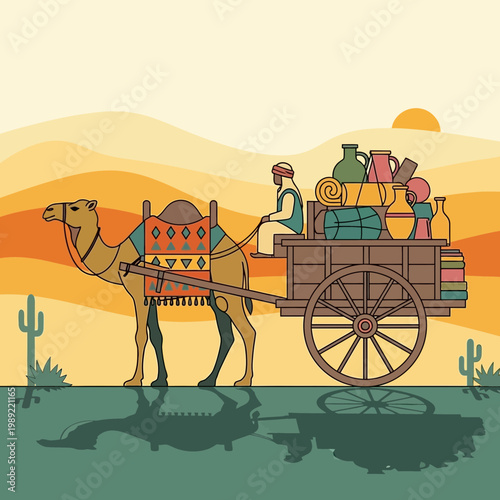 Camel caravan in desert landscape with traditional goods and traveler