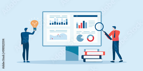 Data analysis and innovation professionals examining information on a screen