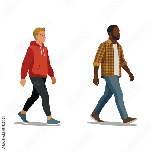 Two men walking side by side in casual clothes outdoors