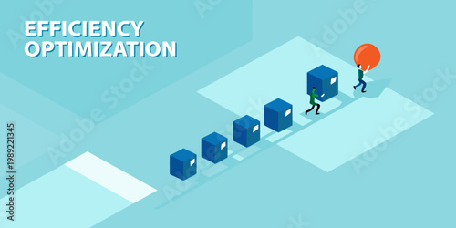 People pushing boxes up a staircase representing efficiency optimization