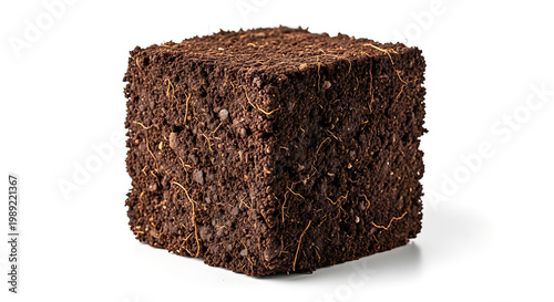 Cube of rich, dark soil with visible roots and texture on a white background