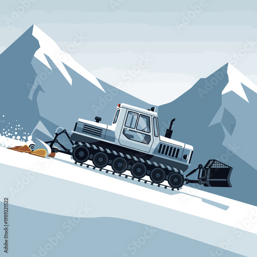 Snow groomer preparing ski slope in snowy mountains