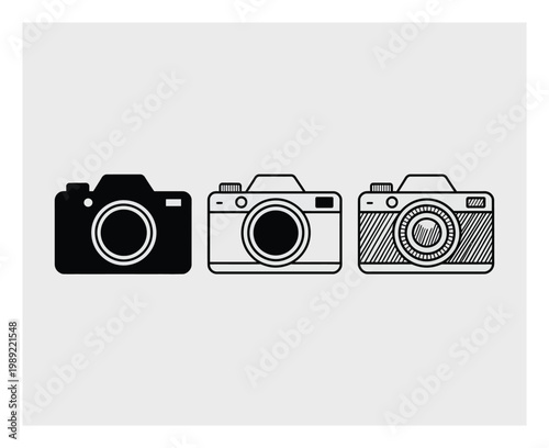 Three Stylized Camera Solid Black, Outline, and Textured
