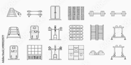 Line art illustration of various gym equipment and fitness tools