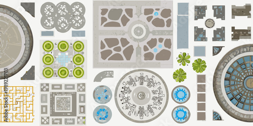 An overhead view of various building components and architectural details