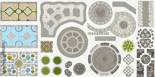 Collection of various top down illustrated game tiles for level design