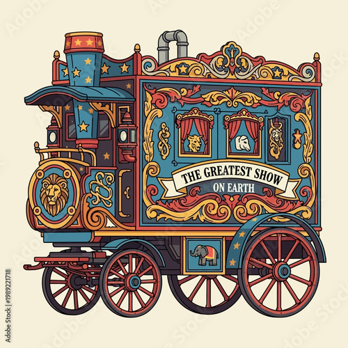Vintage Circus Wagon with Lion and Elephant Illustration