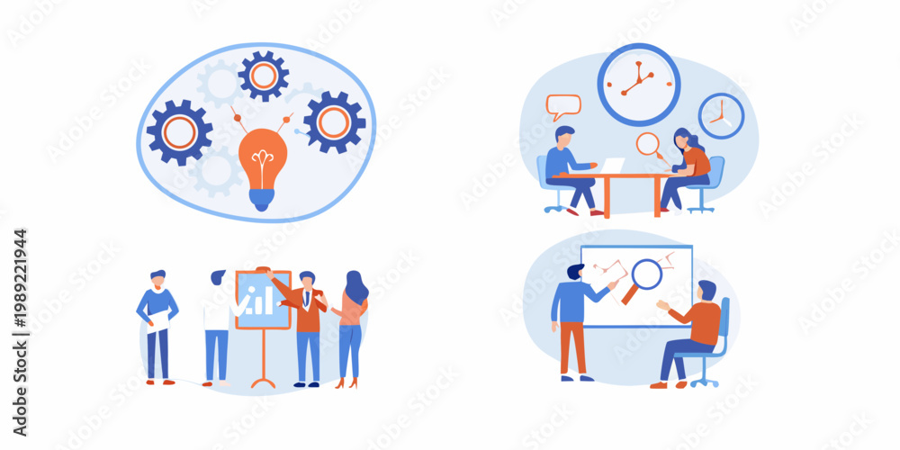 Fototapeta premium Illustrative scenes depicting teamwork innovation and efficient time management
