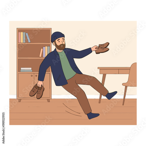 Man slipping on floor while holding shoes in office environment