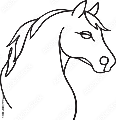 Simple black and white outline drawing of a horse head for coloring or logo design