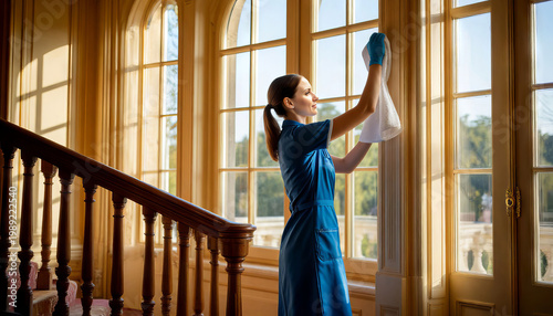 A young woman washes windows indoors, cleaning houses and offices.