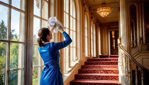 A young woman washes windows indoors, cleaning houses and offices.