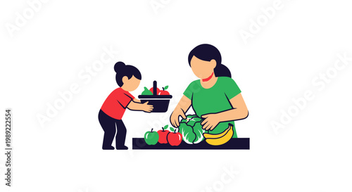 Mother and child preparing vegetables.