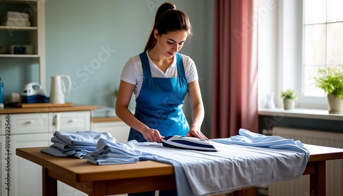 A young girl is ironing her clothes.