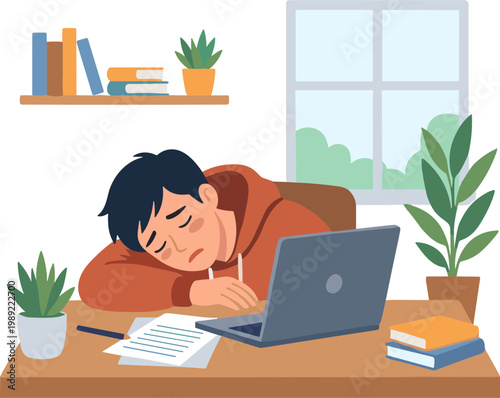 A man sleeps on a desk with laptop and books nearby indoors