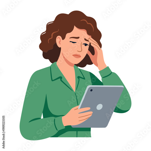 Woman looks stressed while checking her tablet indoors with concern