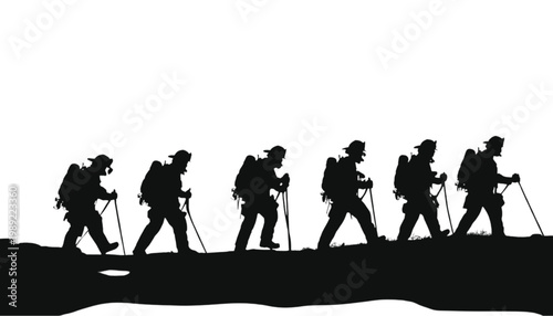 Firefighters march in a line across a landscape while wearing full gear and carrying equipment in a bold black silhouette that highlights teamwork and bravery for emergency service communications.