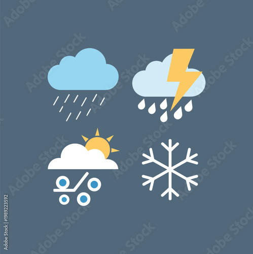 Four stylized of weather and seasons on blue background