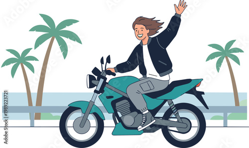 Man riding motorcycle along beachside road with palm trees