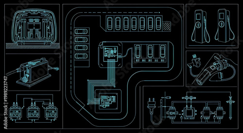 EV Delivery Fleet Charging System Blueprint Vector – AutoCAD Electric Vehicle Infrastructure Diagram Cyan Outline on Black Background