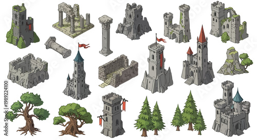 Medieval castle ruins and fortress towers vector set, ancient stone architecture collection, fantasy game assets with grey masonry and green trees