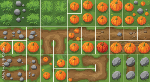 Cartoon farm game tileset with orange pumpkins and green grass, top-down garden map creator, autumn harvest landscape vector elements for UI design