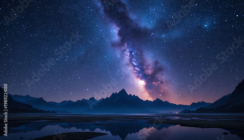 Milky Way night sky over rugged mountains reflected in a calm lake