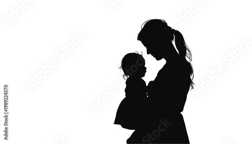 Mother holds her small infant child in a tender embrace, creating a soft black silhouette that emphasizes the emotional bond and nurturing love of parenthood against a bright white backdrop.