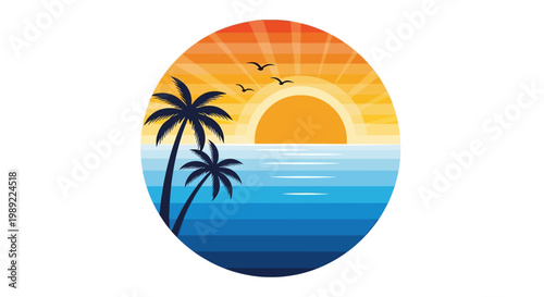 Palm trees by ocean at sunset.