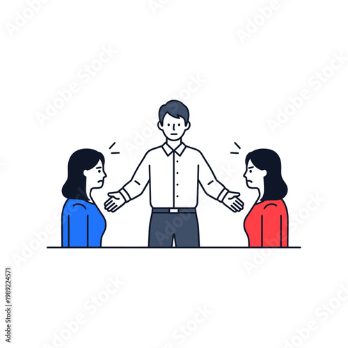 Flat Vector Illustration of Conflict Resolution and Mediation Between Two People by a Neutral Third Party