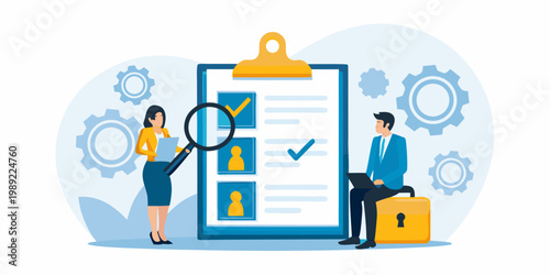 Team reviewing candidate applications and qualifications with a checklist