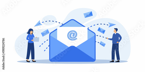 Digital communication concept with people exchanging emails via a large envelope