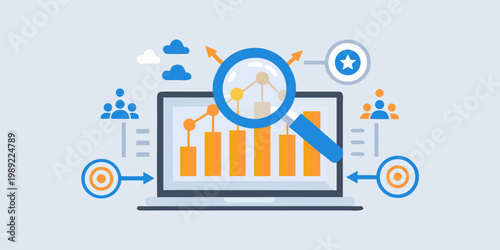Analyzing data and growth with a laptop magnifying glass and charts