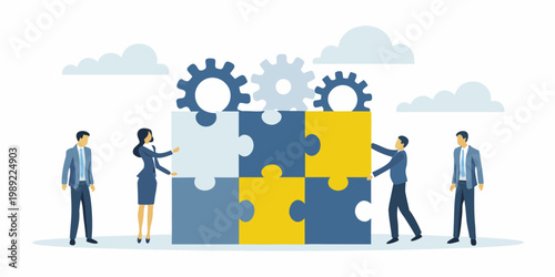 Business professionals collaborating to connect puzzle pieces representing teamwork