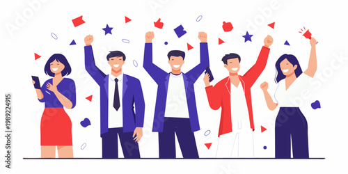 Celebratory group of people raising hands in joyful accomplishment