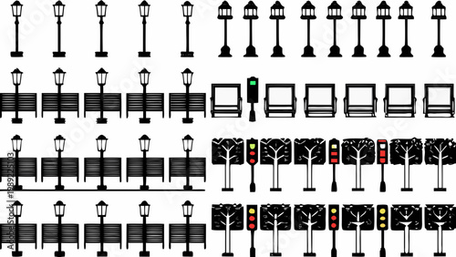 Collection of city street elements lamps benches signs and traffic signals