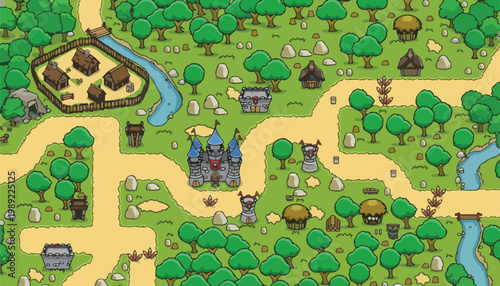 Medieval fantasy world map vector, cartoon game level design with castle and village, top down strategy game environment with forest and river